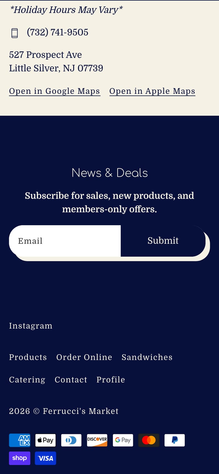 Ferrucci's Market mobile screen