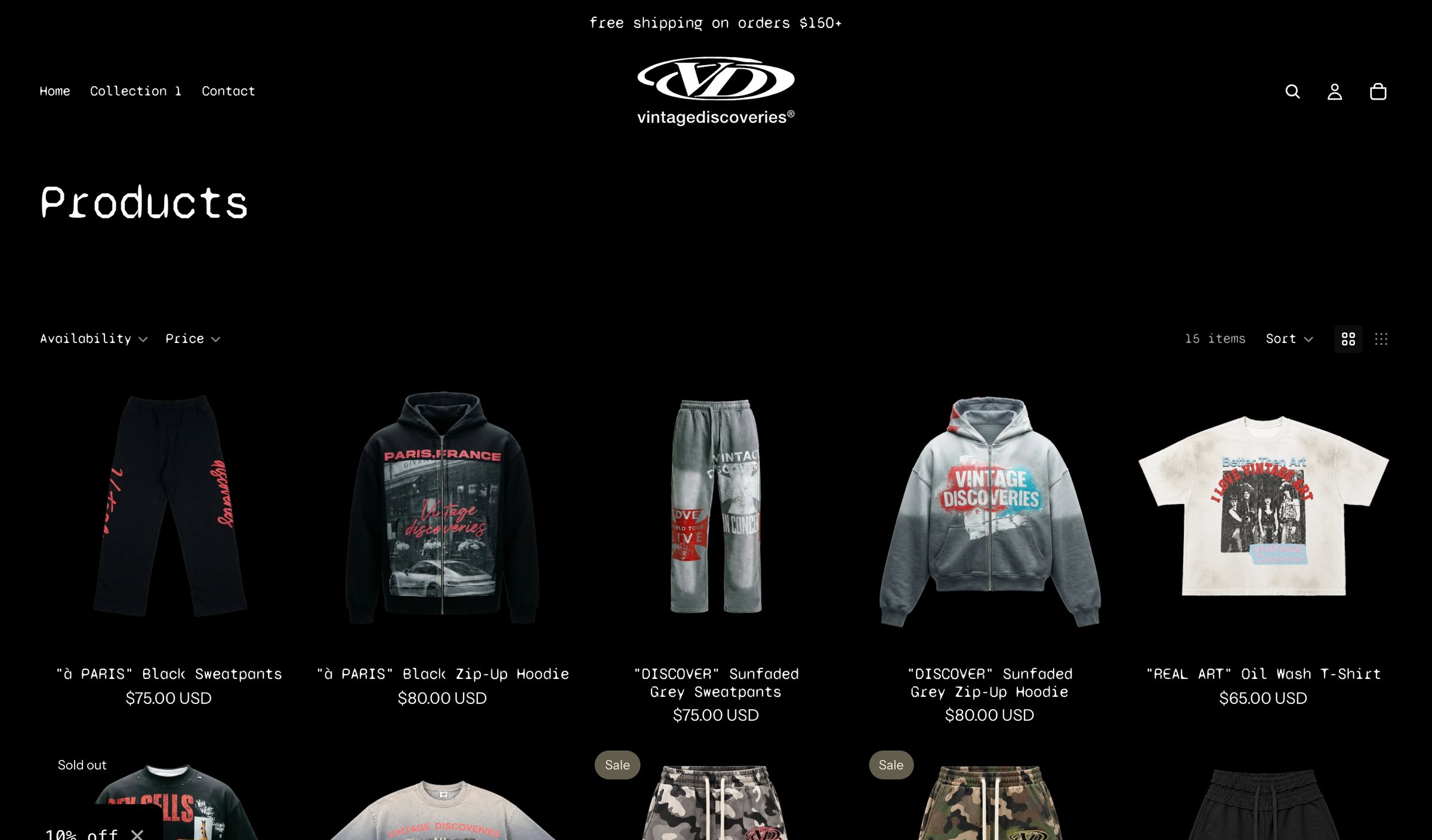 The full collection: sun-faded tees, camo shorts and heavyweight hoodies on a black canvas.